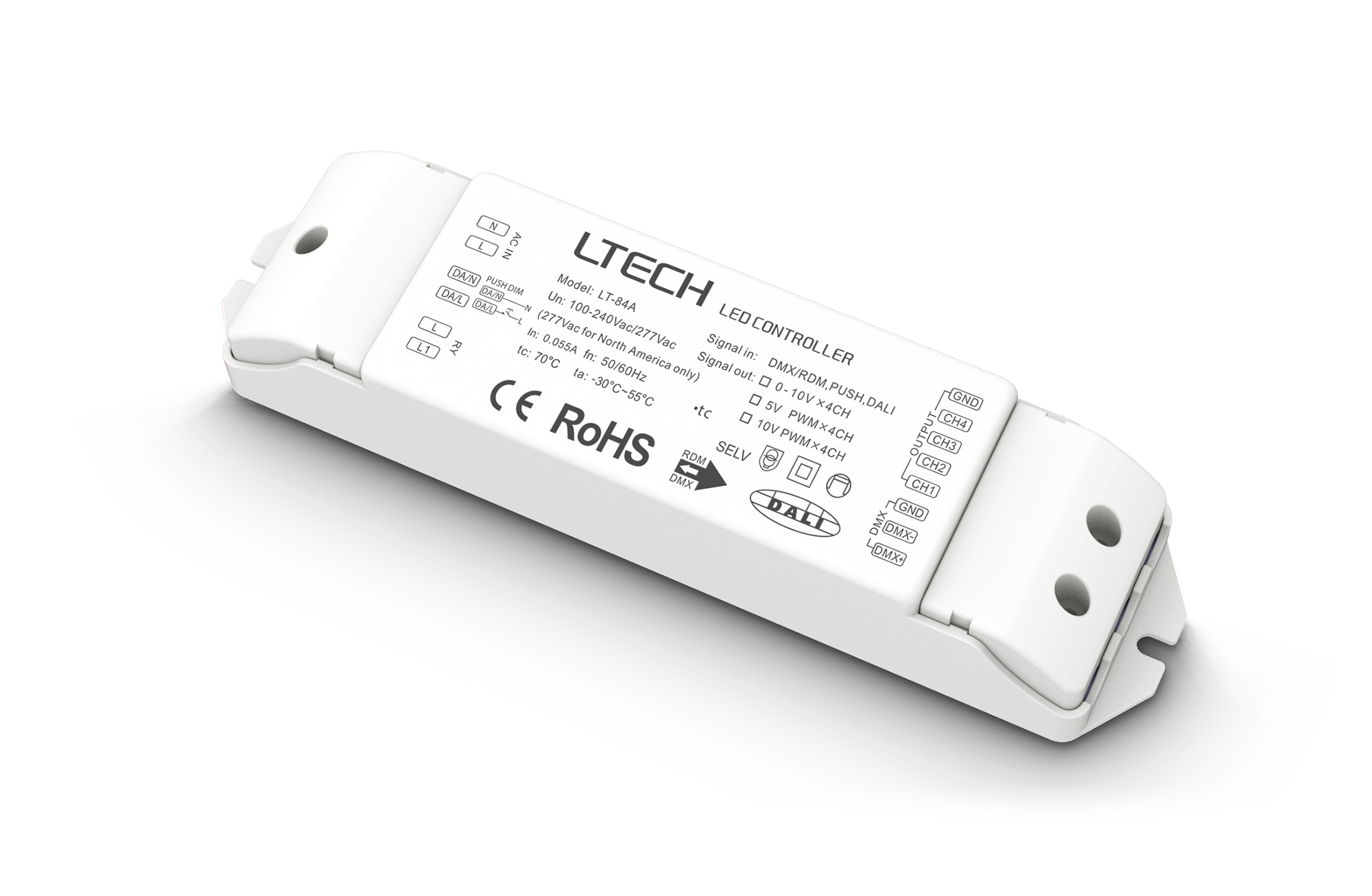 84A  4 Channel, Convert DALI,DMX/RDM, Push Dim to 0-10V/PWM Dimming signal 0.1-100% dim,100-240Vac input, Built in On/OFF Relay, IP20.